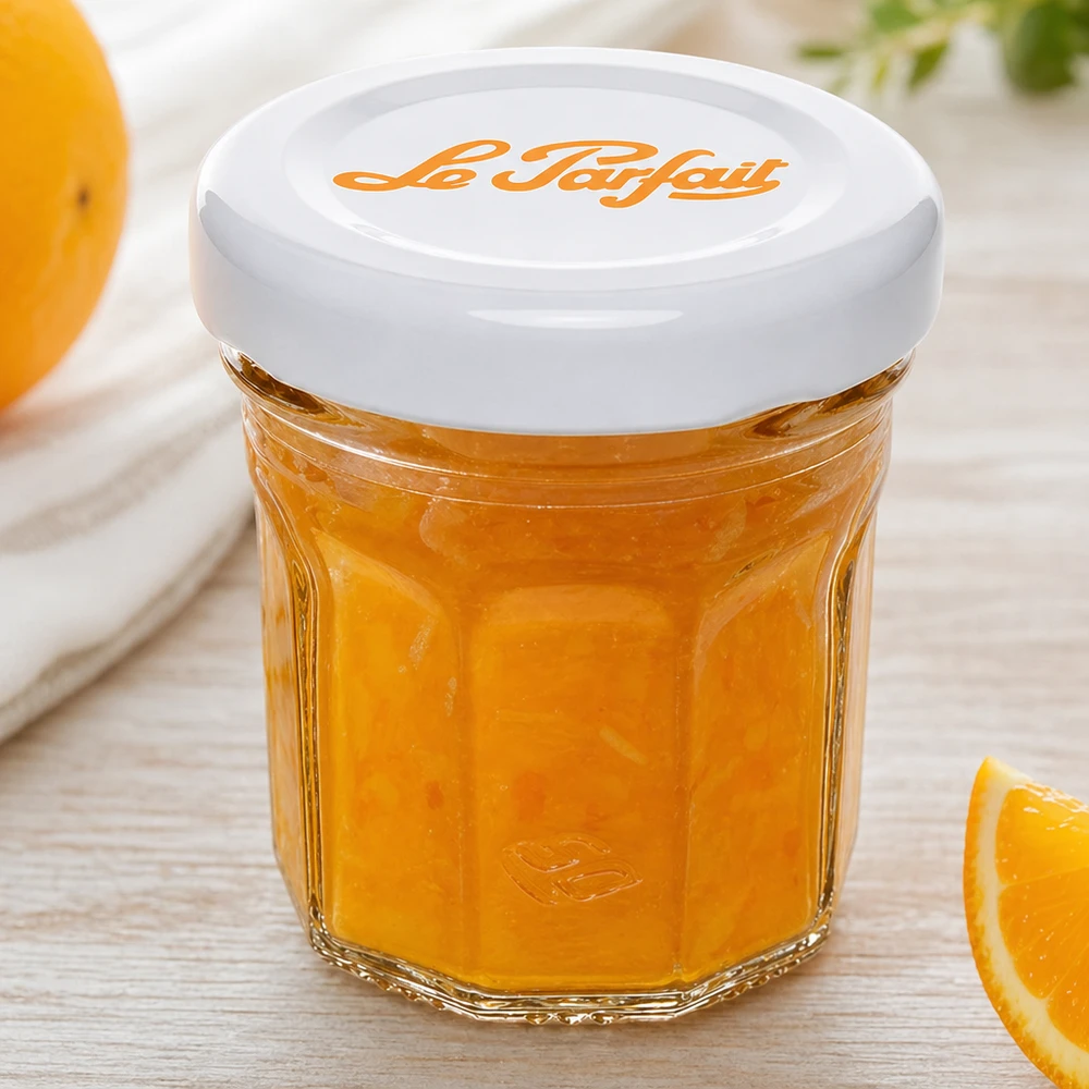 Le Parfait® Mini‑Jam 44 ml Ø48 mm pot Le Parfait Mini-verre à pied de 44 ml rempli de marmelade d'orange avec couvercle blanc à côté de tranches d'orange fraîche