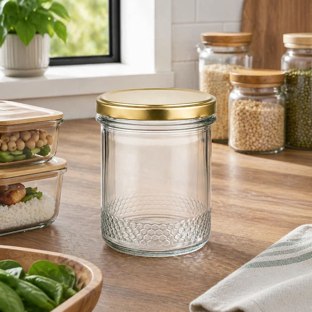 Pot à miel 560 g avec couvercle doré BasicSeal UNiTWIST Pot à miel vide de 400 ml avec couvercle doré BasicSeal UNiTWIST dans une cuisine moderne entre les bocaux à provisions