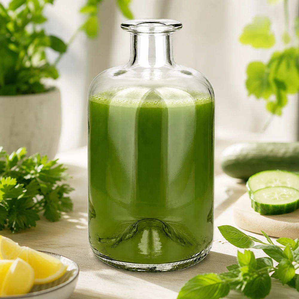 Bouteille à pharmacie Luna 500ml remplie de smoothie vert entouré d'herbes fraîches, de concombre et de citron pour un zeste de bien-être.