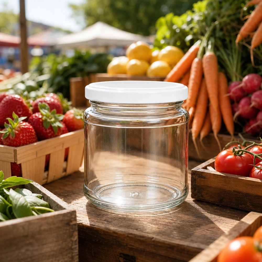 212ml Verre rond avec couvercle BasicSeal blanc UNiTWIST Pot rond de 212ml avec couvercle BasicSeal sur le stand du marché entre les fruits et légumes frais - parfait pour la confiture