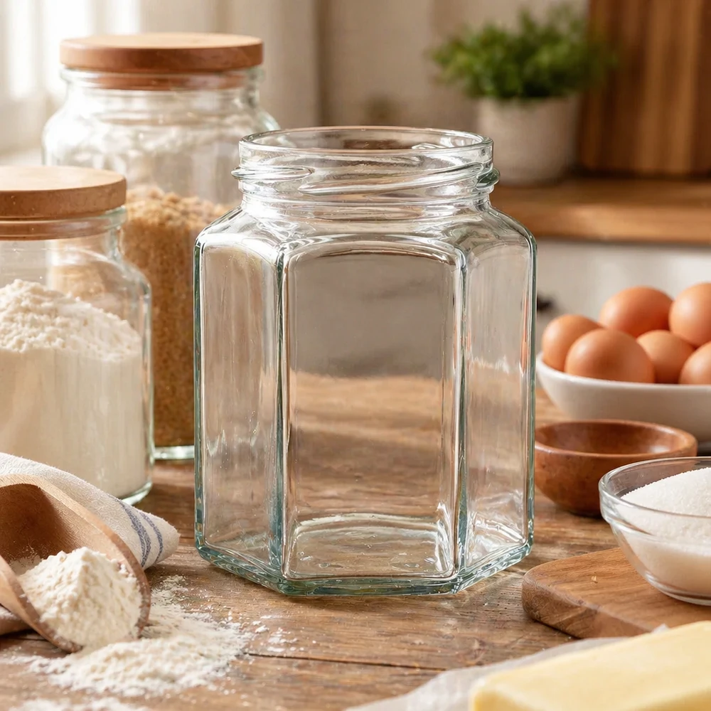 288ml Verre hexagonal sans couvercle (TO63) UNiTWIST UNiTWIST Hexa288 bocal hexagonal 288ml TO63 vide sur planche en bois dans Cuisine avec ingrédients de cuisine