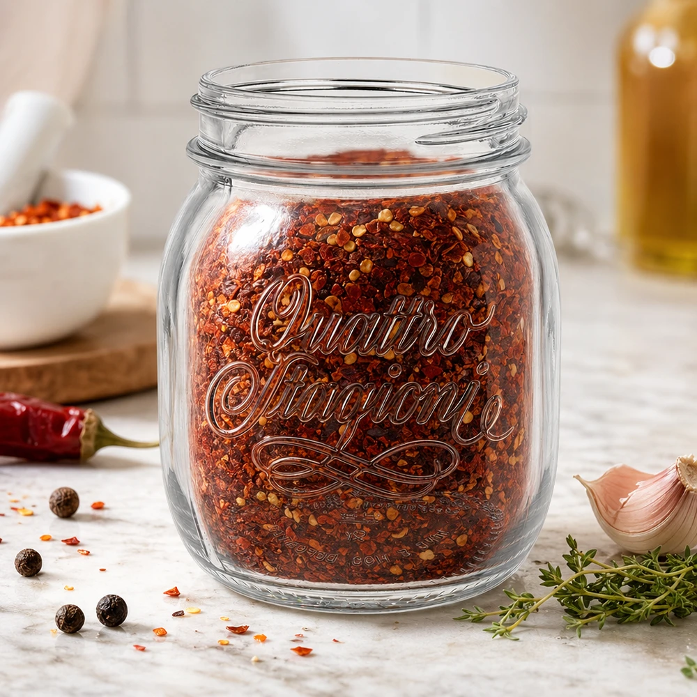 700ml Verre rond "Quattro Stagioni" QS86mm 700ml Quattro Stagioni Bocal ménager rempli de mélange d'épices au piment sur le plan de travail de la cuisine avec des herbes et de l'ail