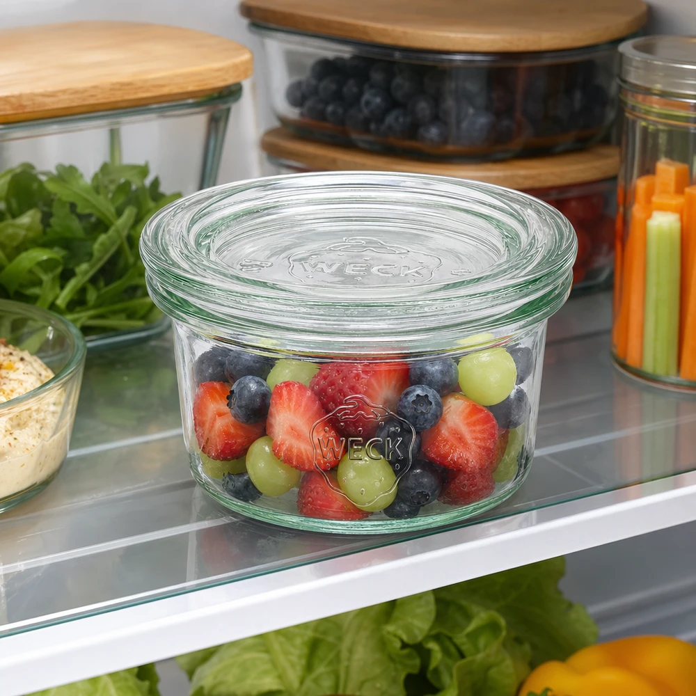 50ml bocal conique avec bouchon en verre WECK RR60 WECK Pot renversé 50ml avec mélange de baies dans le réfrigérateur pour conserver les fruits et les aliments frais