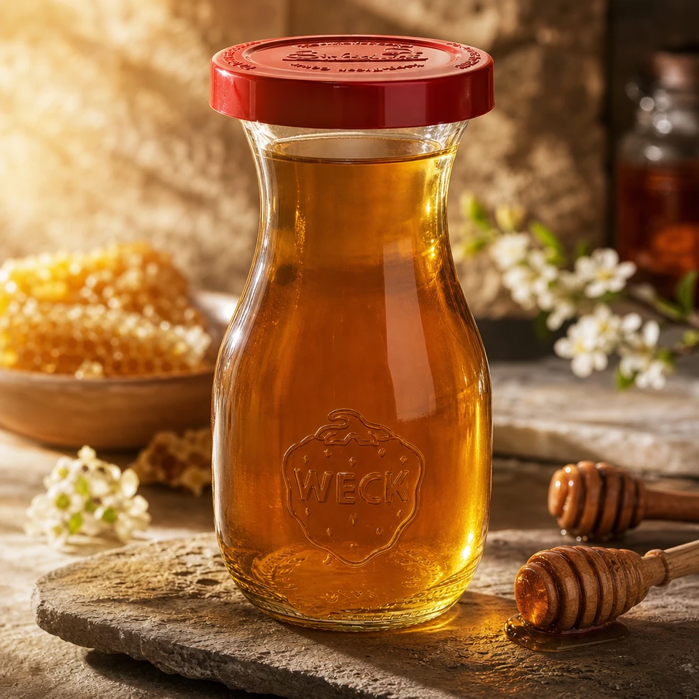 WECK Bouteille à jus de 290 ml en verre borosilicaté de qualité supérieure avec couvercle en silicone rouge pour une conservation optimale