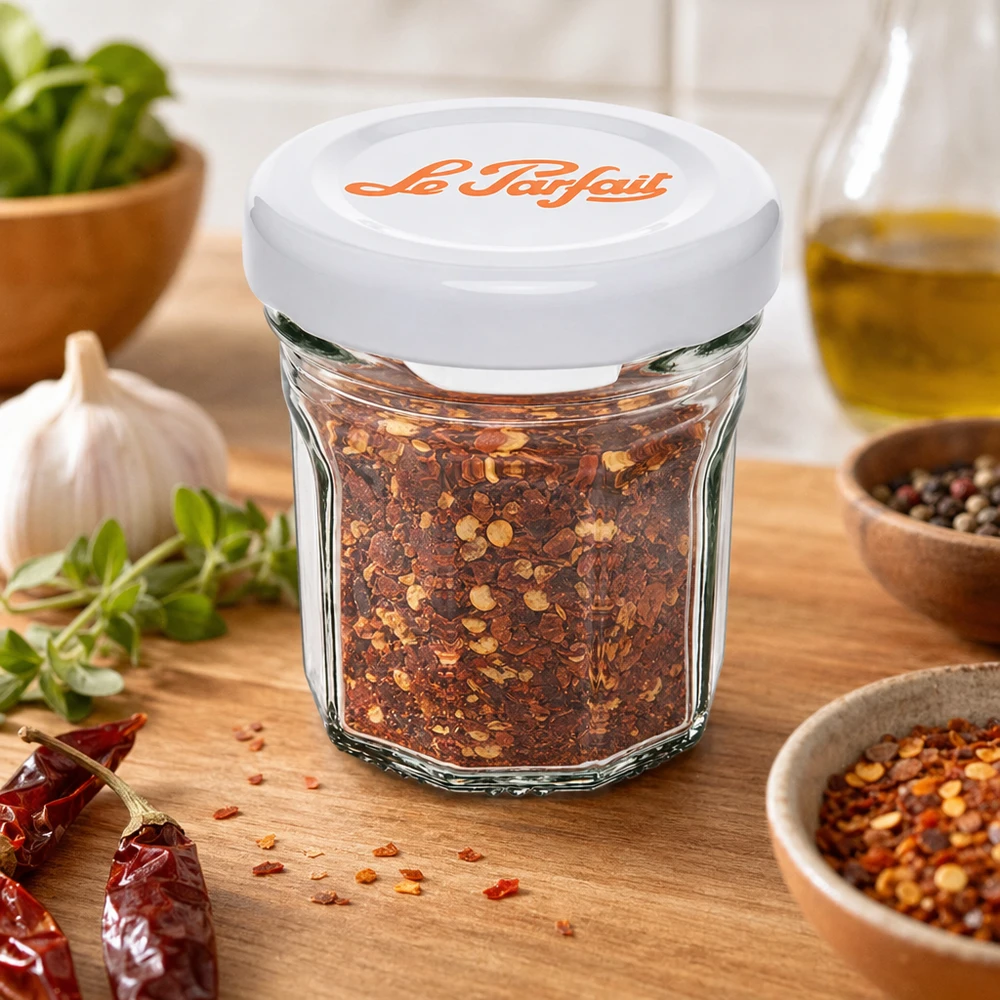 Le Parfait® Mini‑Jam 44 ml Ø48 mm pot Le Parfait Mini-verre à pied de 44ml rempli de mélange d'épices au piment entre herbes et épices sur fond de bois