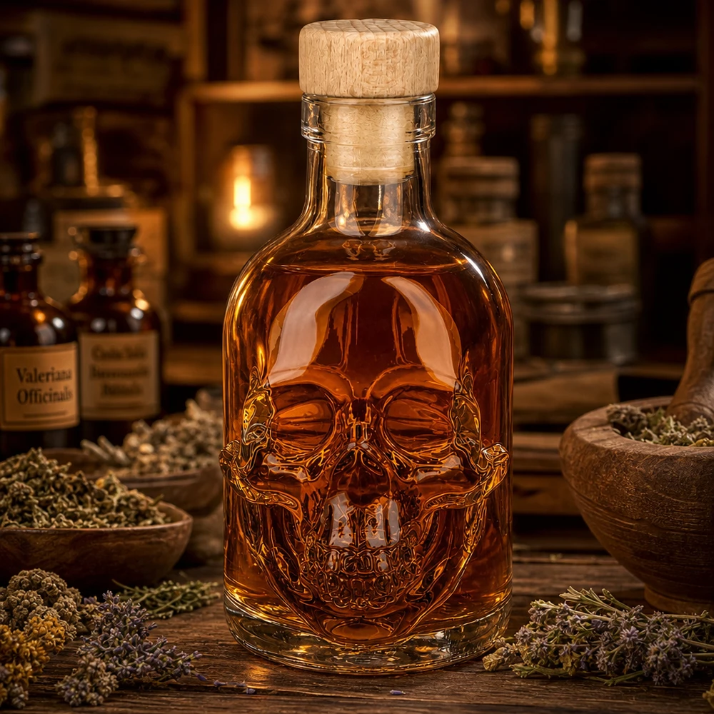 Ambiance apothicaire avec bouteille en verre Jack à tête de mort de 200 ml, herbes et liquide ambré sur table en bois