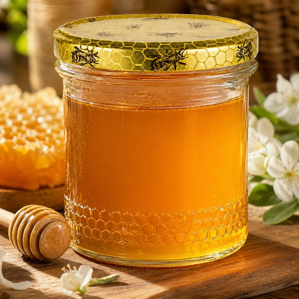 Pot à miel 560 g avec couvercle motif rayon de miel BasicSeal UNiTWIST Pot de miel doré de 400 ml avec couvercle en nid d'abeille BasicSeal, cuillère à miel en bois et fleurs sur une table en bois rustique