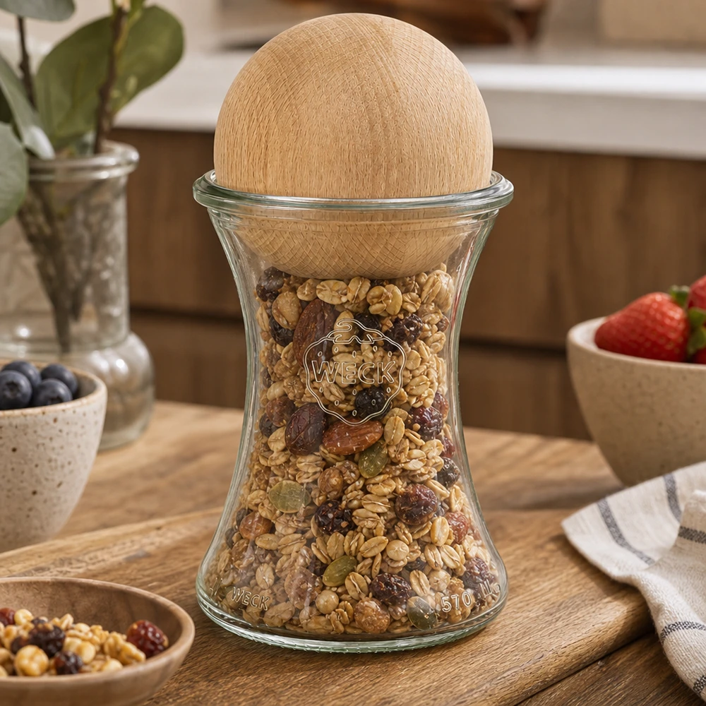 WECK Vorratsglas 370ml mit Buchenholzkugel gefüllt mit Müsli Nüssen auf Holzbrett Küchendeko stylisch
