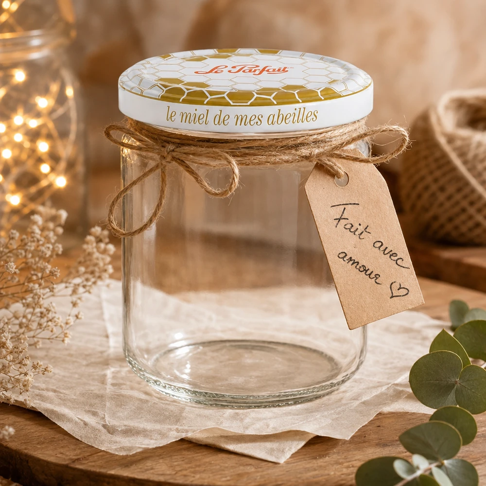 Le Parfait 212ml Honey Pot de stockage décoré avec un emballage cadeau corde de jute et un pendentif écrit à la main