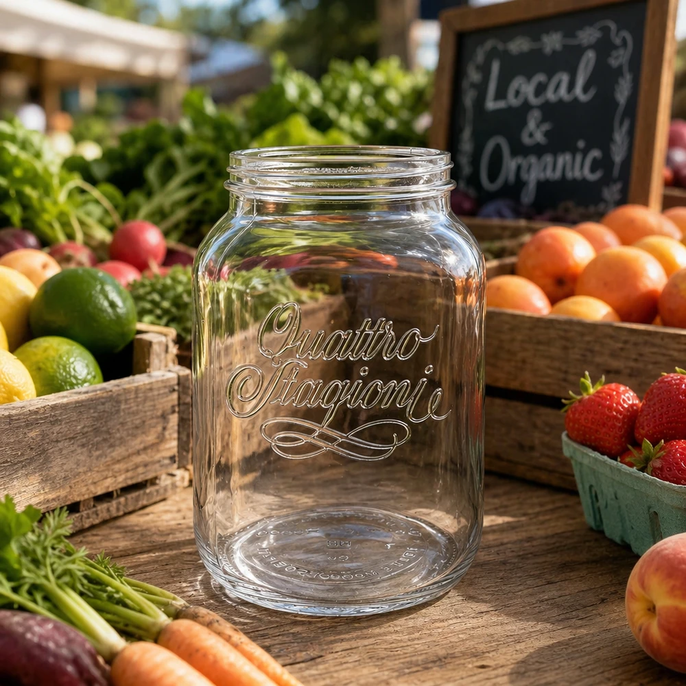 3000ml Verre rond "Quattro Stagioni" QS110mm 3000ml Quattro Stagioni Verre de ménage sur table en bois avec des fruits et légumes frais du marché fermier