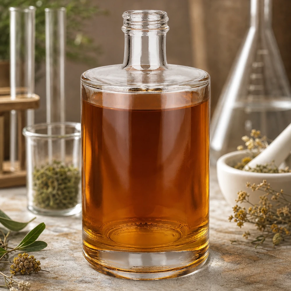 Bouteille en verre 500 ml « Sam » sans bouchon à vis UNiTWIST® 500ml Glasflasche Sam mit bernsteinfarbener Flüssigkeit Labor-Atmosphäre Kräuter Mörser Reagenzgläser Apotheker-Stil