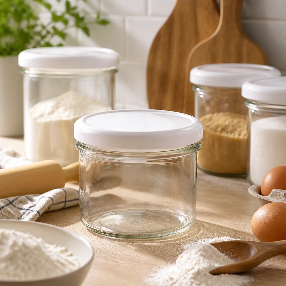 225ml Verre conique avec couvercle BasicSeal blanc UNiTWIST 225ml bocal vide avec couvercle BasicSeal dans la cuisine moderne, entre les bocaux de stockage et les ingrédients de cuisson.