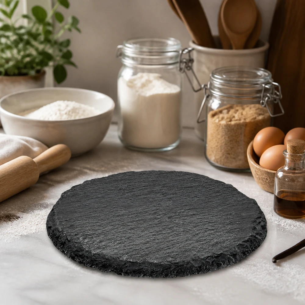 Plateau en ardoise rond Ø 150 mm Runde Schieferservierplatte 15cm inmitten von Backzutaten und Küchenutensilien als stilvolle Arbeitsunterlage