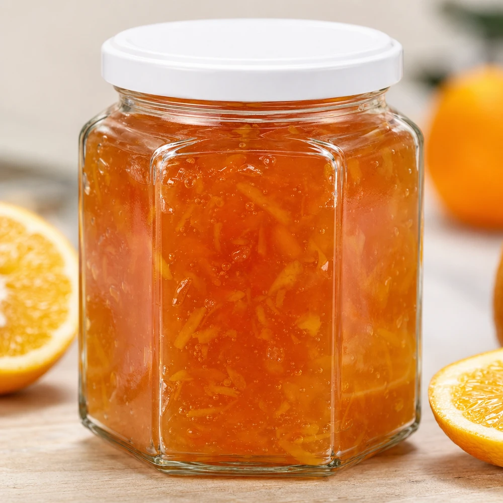 Pot à miel 400 g avec couvercle blanc BasicSeal UNiTWIST Pot de miel hexagonal de 400g rempli de marmelade d'orange montre la qualité du verre et le scellage du couvercle en détail