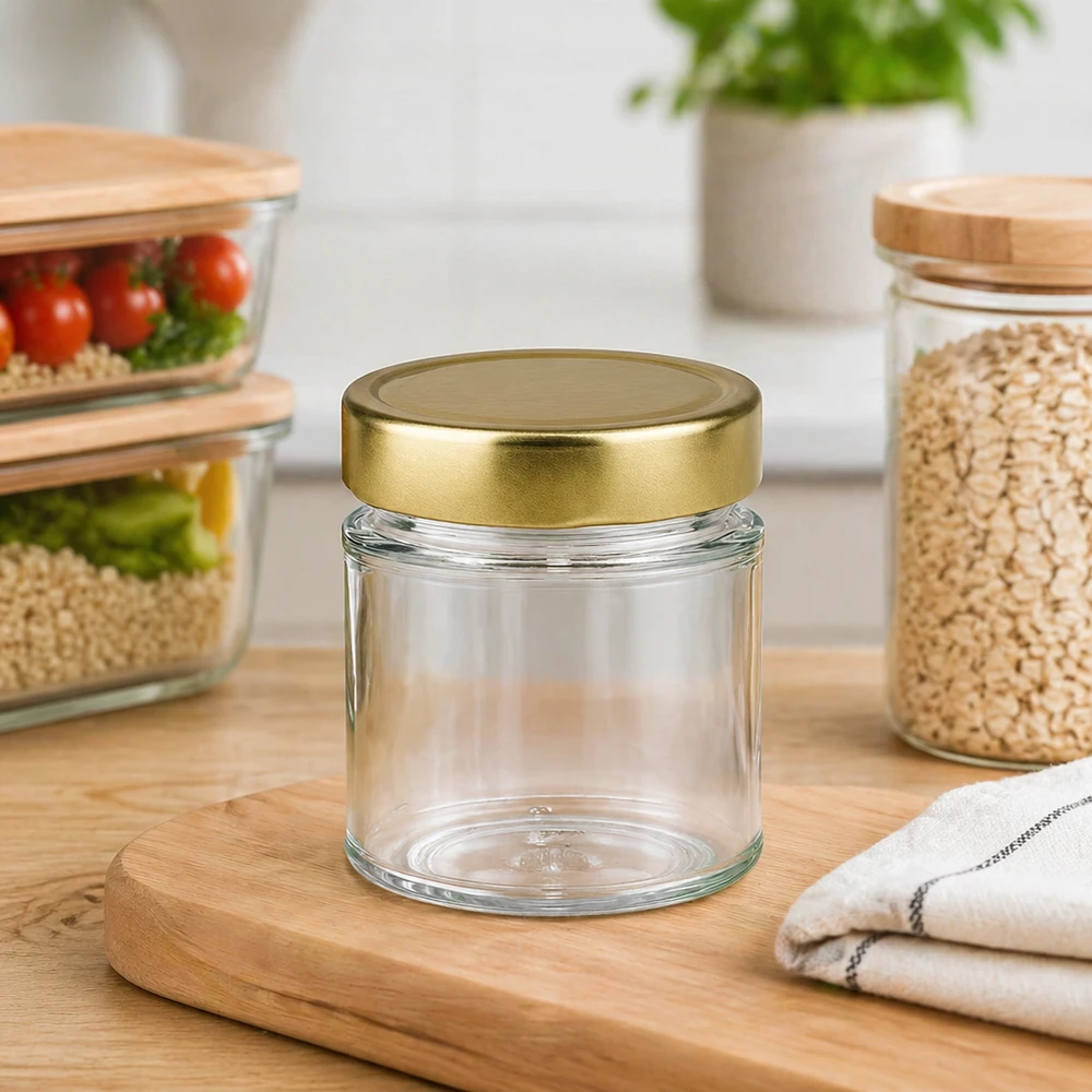 154ml pot rond avec couvercle doré vide sur planche en bois dans cuisine moderne avec bocaux de conservation