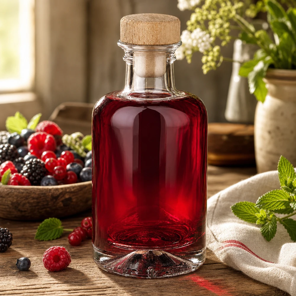 Flacon à pharmacie « Sofia » 100 ml avec bouchon en bois UNiTWIST® 100ml Glasflasche Sofia mit Holzkorken gefüllt mit Beerenlikör zwischen frischen Beeren und Minze warme Küchenstimmung