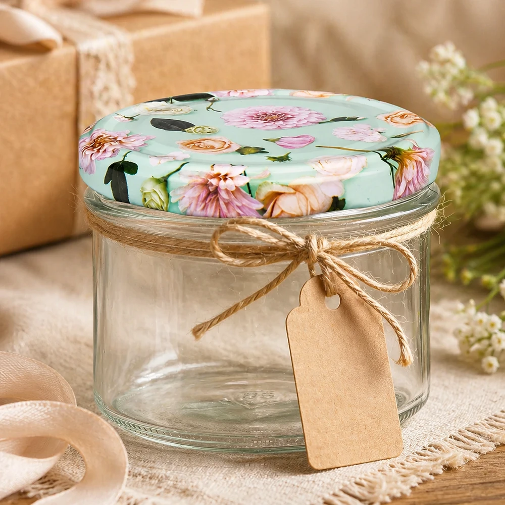 Verres de 180 ml + couvercle BasicSeal fleur de menthe UNiTWIST 225ml Sturzglas mit mint Blumendeckel dekorativ mit Juteband und Geschenkanhänger als Geschenkidee UNiTWIST