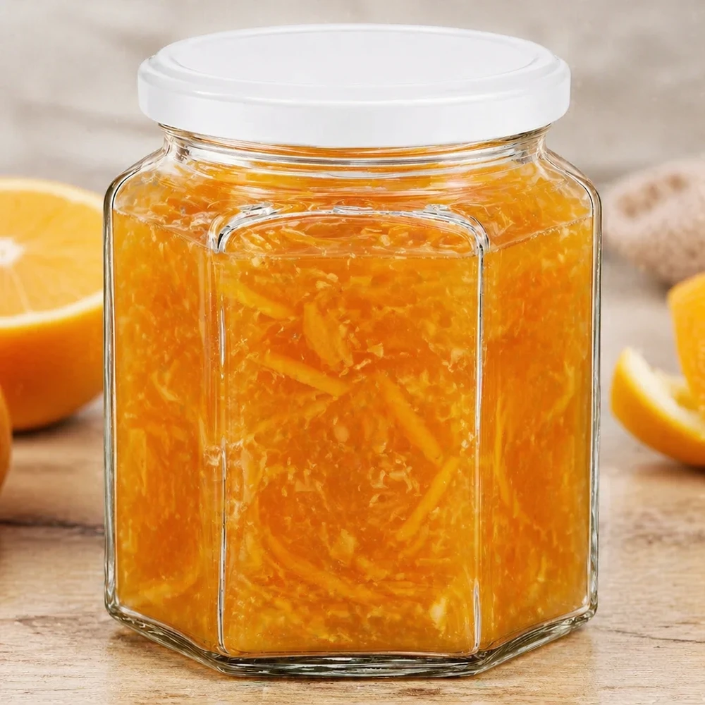 Pot de miel hexagonal de 400g rempli de marmelade d'orange à côté de tranches d'orange fraîches sur un fond en bois rustique