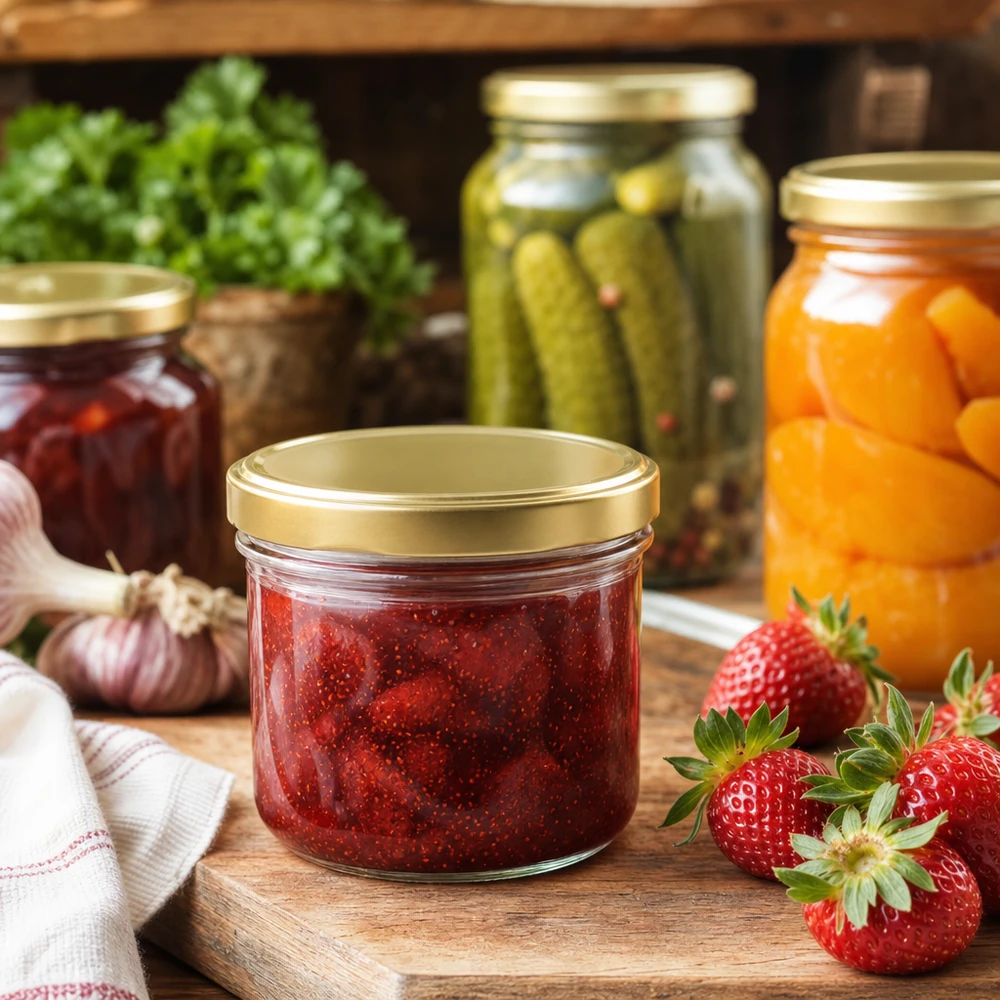 260ml pot renversé avec confiture de fraise et couvercle BasicSeal or UNiTWIST dans cuisine rustique avec bocaux