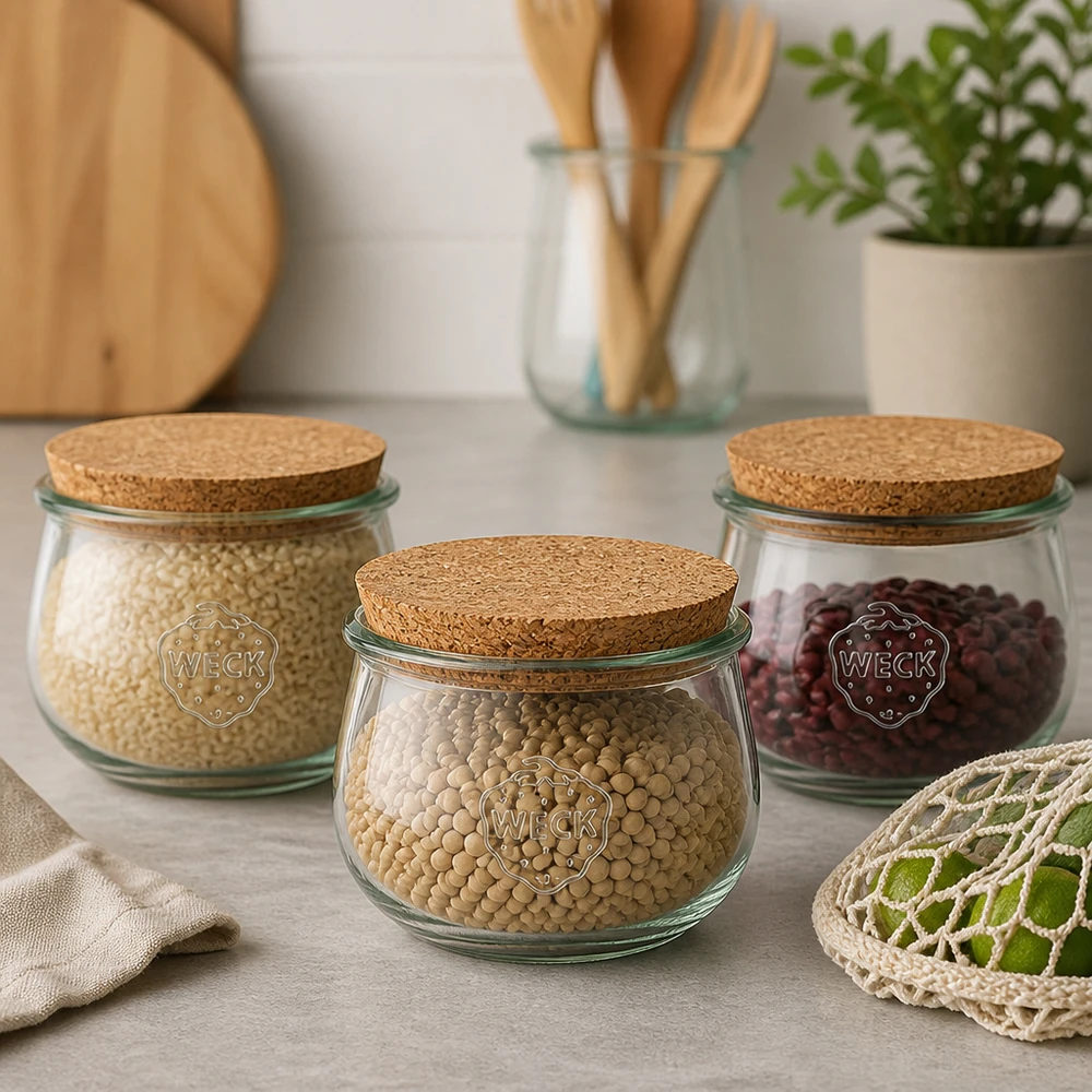 580ml bocal tulipe WECK RR100 avec bouchon nature WECK Pots tulipes RR100 580ml avec couvercle en liège comme bocaux de stockage pour les légumineuses et les céréales dans la cuisine