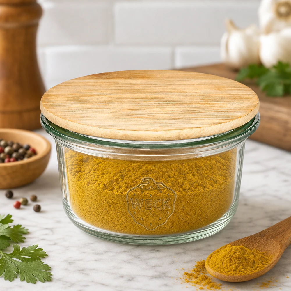 WECK Mini pot renversé 50ml avec couvercle en bois rempli de poudre d'épices jaune dans une cuisine moderne avec des herbes aromatiques