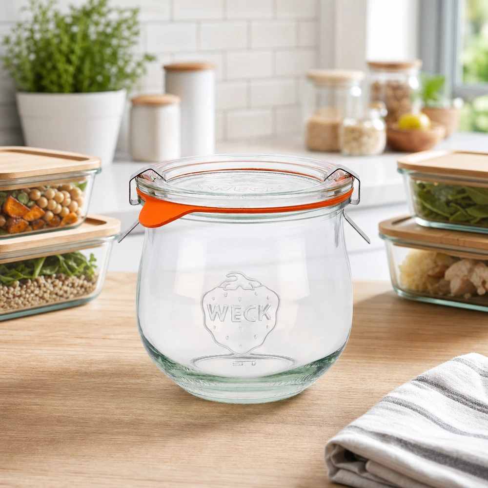 370ml bocal tulipe complet WECK RR80 WECK Pot tulipe 370ml RR80 avec fermeture à étrier sur plan de travail en bois dans une cuisine moderne entre des bols en verre