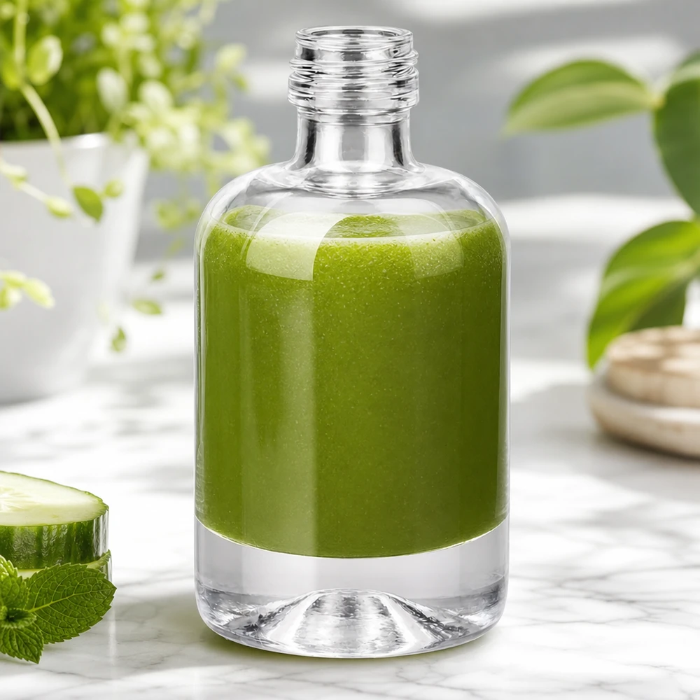 Flacon en verre 40 ml « Sara » sans bouchon à vis UNiTWIST® Bouteille en verre Sara de 40 ml remplie de smoothie vert à côté du concombre et de la menthe montre une application cosmétique naturelle