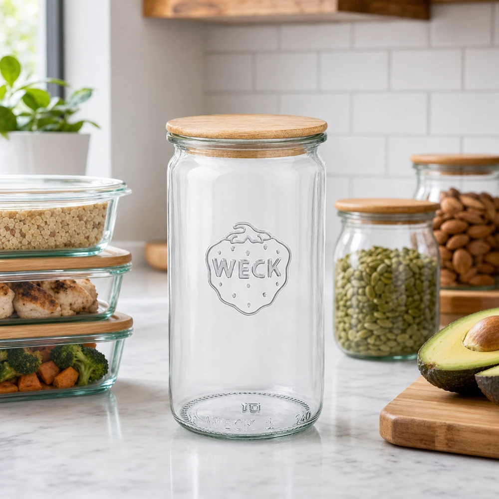WECK Pot cylindrique 340ml RR60 avec couvercle en bois dans l'ambiance de la cuisine à côté des récipients Meal-Prep et des boîtes à provisions