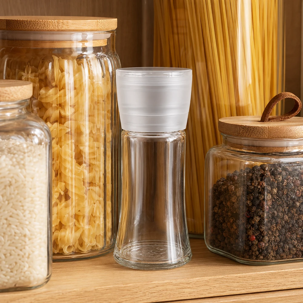 Pot à épices de 95 ml avec moulin blanc « Vario », posé sur une étagère de cuisine entre les pâtes, le riz et les grains de poivre