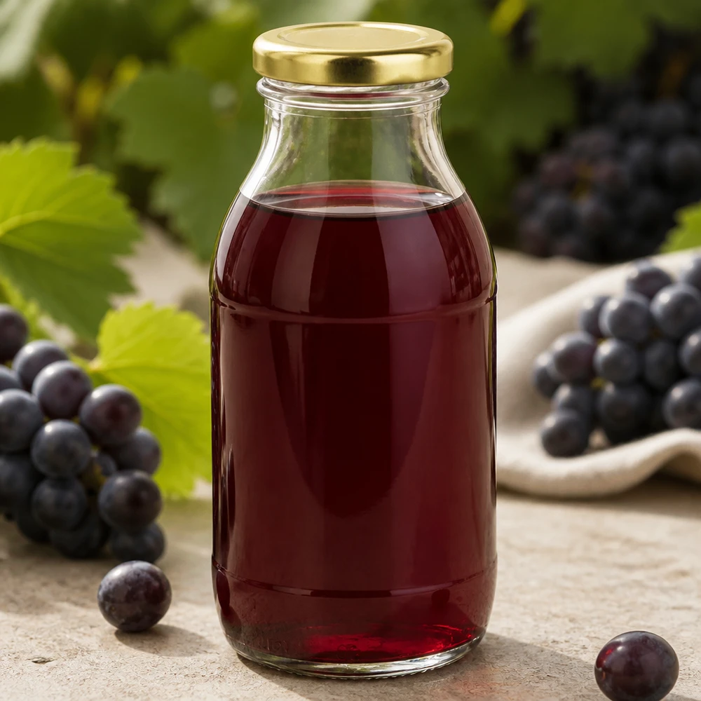 250ml Glasflasche + BasicSeal Deckel gold UNiTWIST Bouteille en verre UNiTWIST de 250 ml remplie de jus de raisin, avec un bouchon BasicSeal doré et des raisins frais