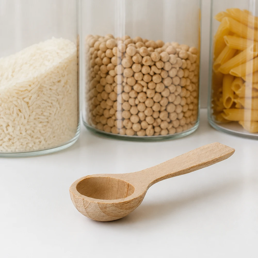Pelle en bois de hêtre S devant bocaux de stockage avec riz pois chiches pâtes organisation de la cuisine matériau naturel