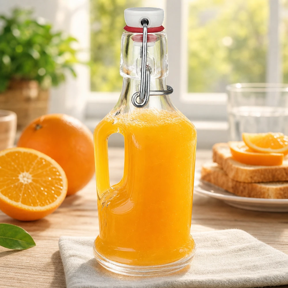 UNiTW Bouteille en verre Bertha 200ml remplie de jus d'orange à côté d'oranges fraîches et de toast Scène de petit déjeuner bouchon à étrier