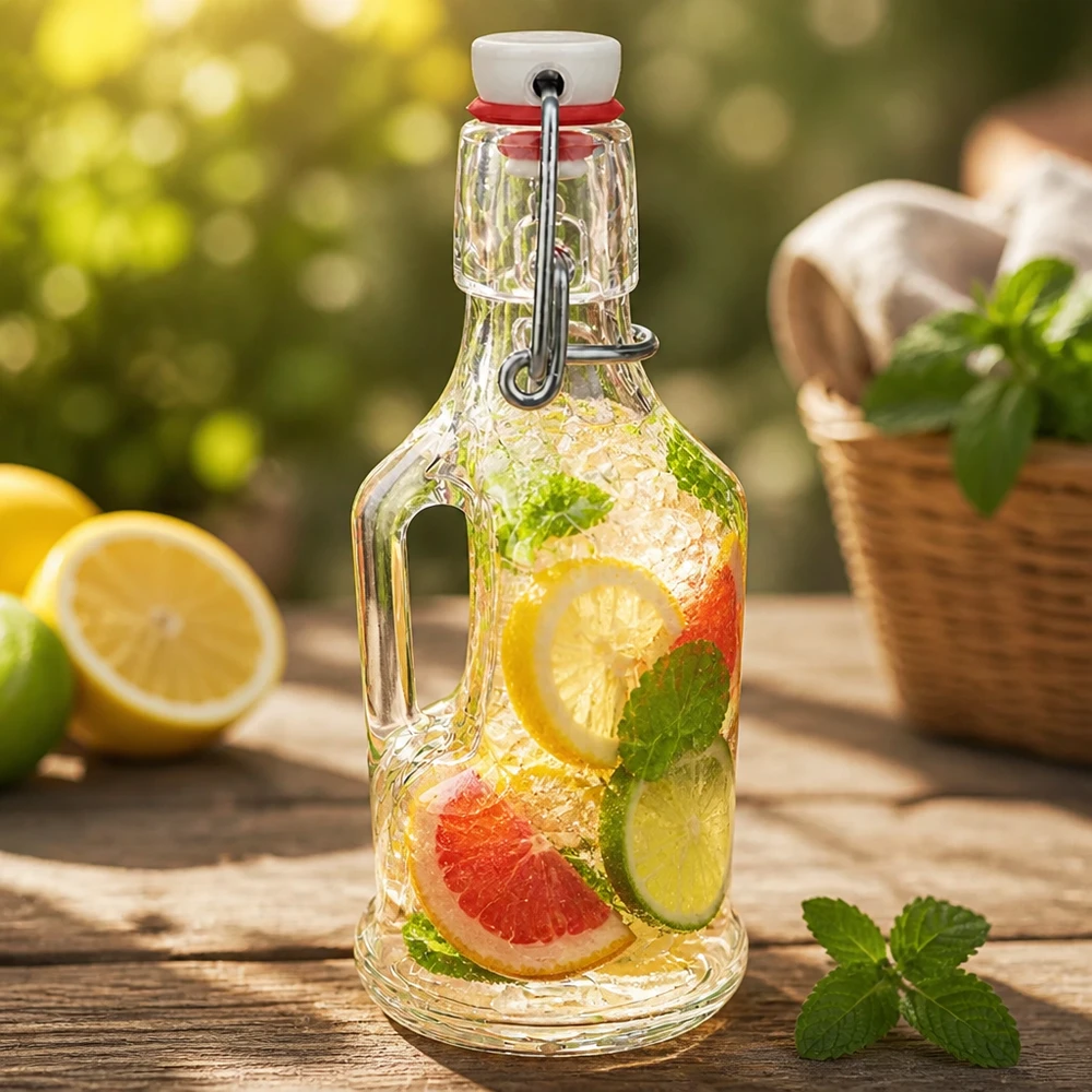 Bouteille en verre 200 ml « Bertha » et bouchon à étrier en PVC UNiTWIST® Bouteille en verre de 200ml Bertha avec infusion de citron et pamplemousse, menthe, bouchon à étrier UNiTWIST, ambiance Outdoor