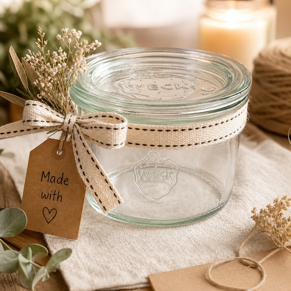 200ml bocal conique avec bouchon en verre WECK RR80 WECK Verre renversé 200ml RR80 décoré comme cadeau avec ruban et pendentif Made with Love