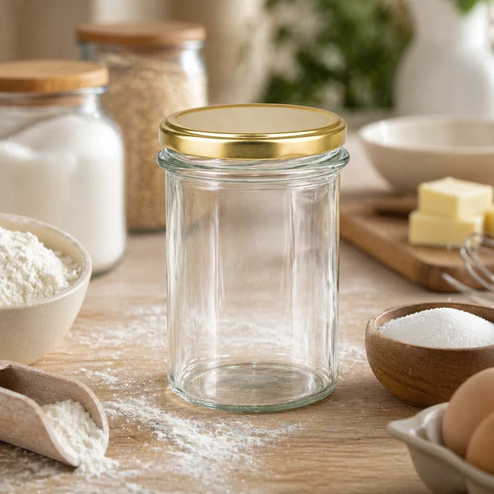 Verre plongeant vide de 230 ml avec couvercle doré BasicSeal UNiTWIST dans la cuisine entouré d'ingrédients de pâtisserie et de bols en bois