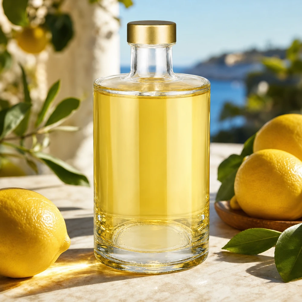 375ml Bouteille en verre Sam avec liqueur d'agrumes bouchon doré à visser UNiTWIST Citrons Limoncello ambiance méditerranéenne