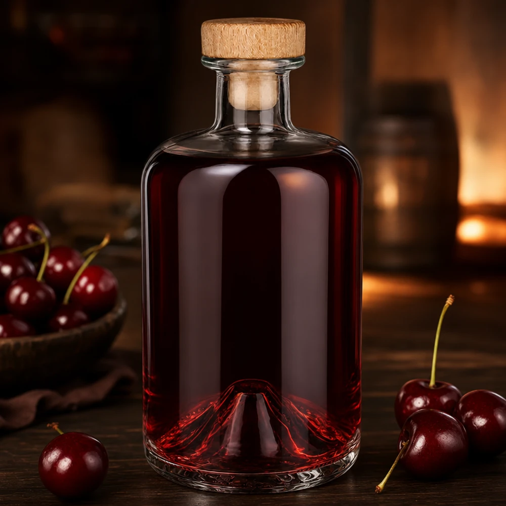 Flacon à pharmacie 500 ml « Sofia » avec bouchon en bois UNiTWIST® Bouteille en verre Sofia de 500 ml avec bouchon en bois remplie de liquide rouge cerise entouré de cerises fraîches Ambiance