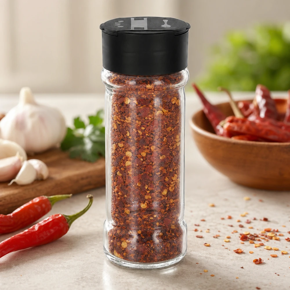 Pot à sel/épices 100 ml avec double saupoudreuse, noir Pot à épices de 100 ml rempli de flocons de piment, muni d'un couvercle saupoudreur noir, posé sur le plan de travail de la cuisine