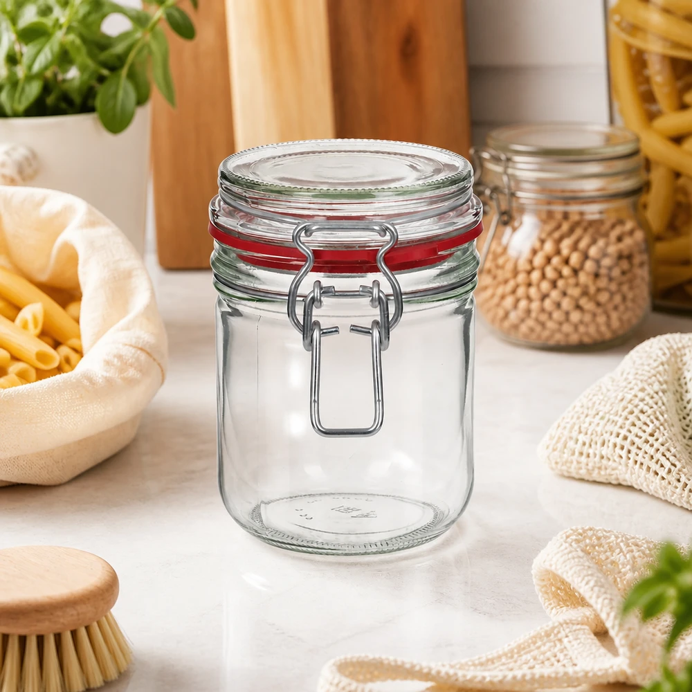 Bocal de conservation de 400 ml, type G, avec bouchon à clip UN.. Bocal à provisions robuste de 400 ml avec fermeture à anse métallique solide pour une organisation durable de la cuisine