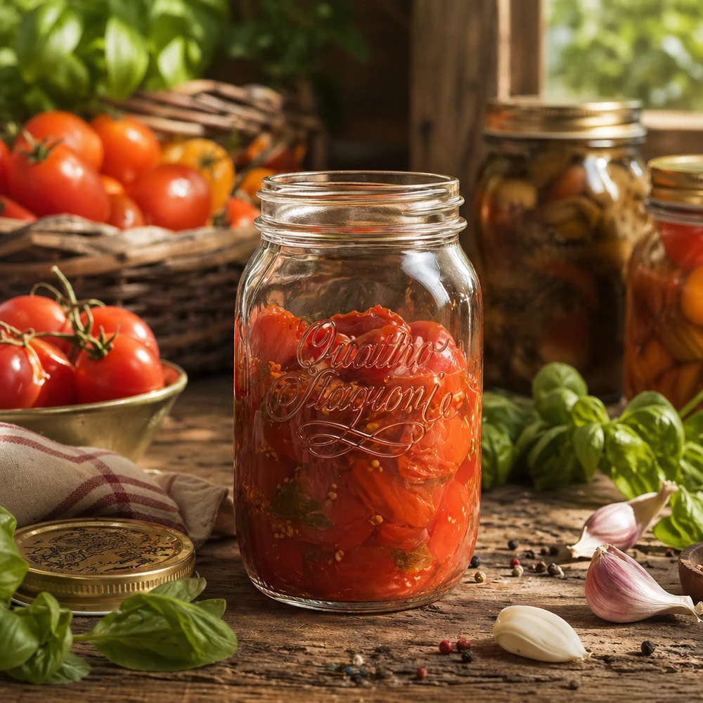 1000ml Verre rond "Quattro Stagioni" QS86mm 1000ml Quattro Stagioni Bocal ménager rempli de sauce tomate sur table en bois avec tomates fraîches et basilic