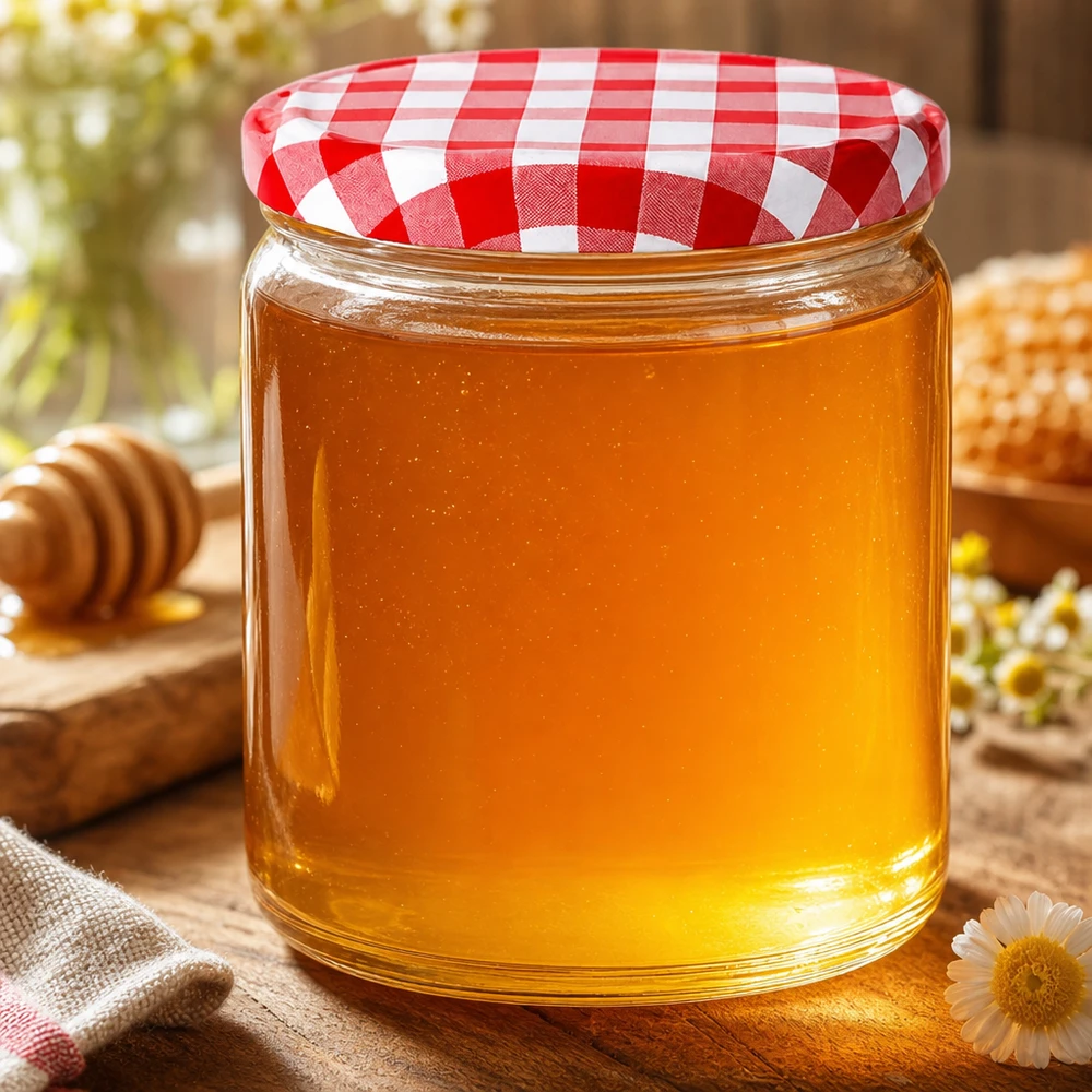 408ml Verre rond avec couvercle BasicSeal rouge/blanc UNiTWIST 408ml pot rond rempli de miel BasicSeal couvercle rouge blanc à carreaux pot à miel apiculture produit naturel cuisine