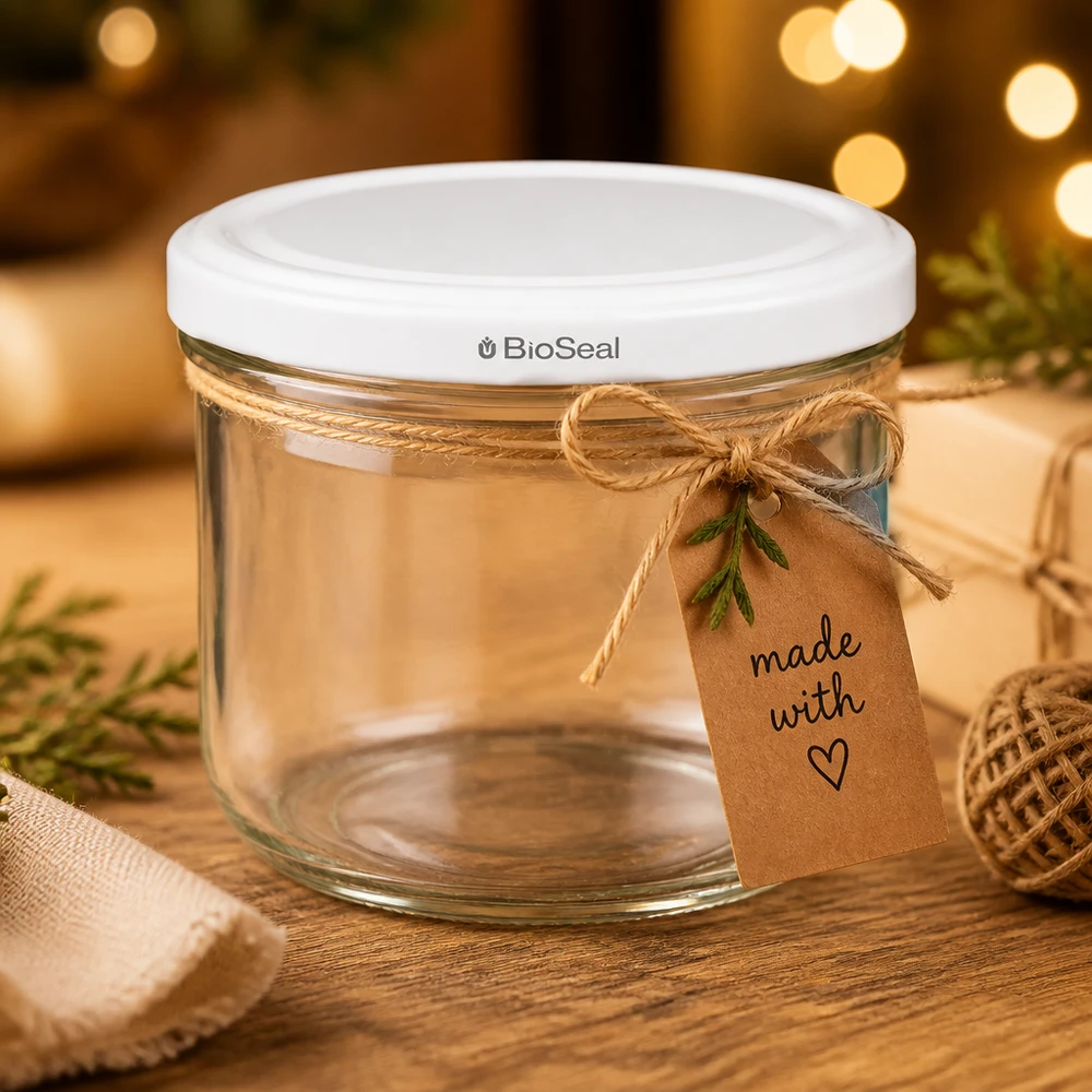 260ml Verre conique avec couvercle BioSeal blanc UNiTWIST UNiTWIST Sturz260 comme emballage cadeau avec corde de jute et pendentif Made with Love - 260ml BioSeal verre