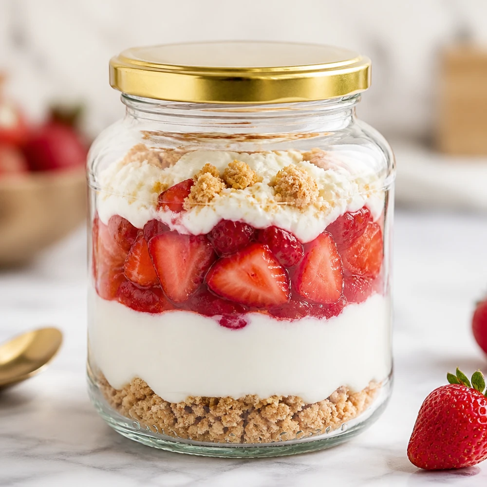 Verre ovale de 370 ml avec couvercle doré BasicSeal UNiTWIST rempli de dessert à la fraise en pot de réserve