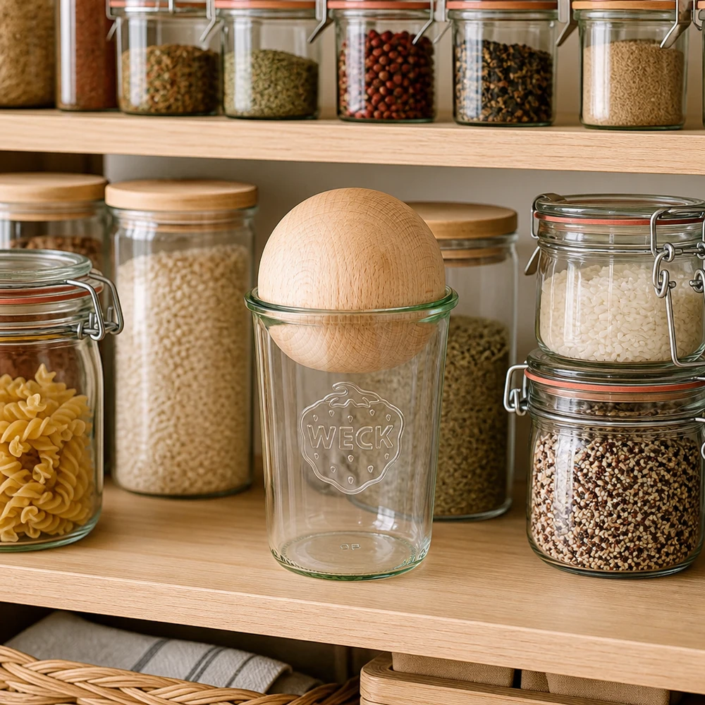 850ml bocal conique WECK RR100 avec boule en bois en hêtre WECK RR100 Verre renversé de 850 ml avec boule en bois de hêtre dans la cuisine organisée entre les pots à épices et les boîtes de conservation