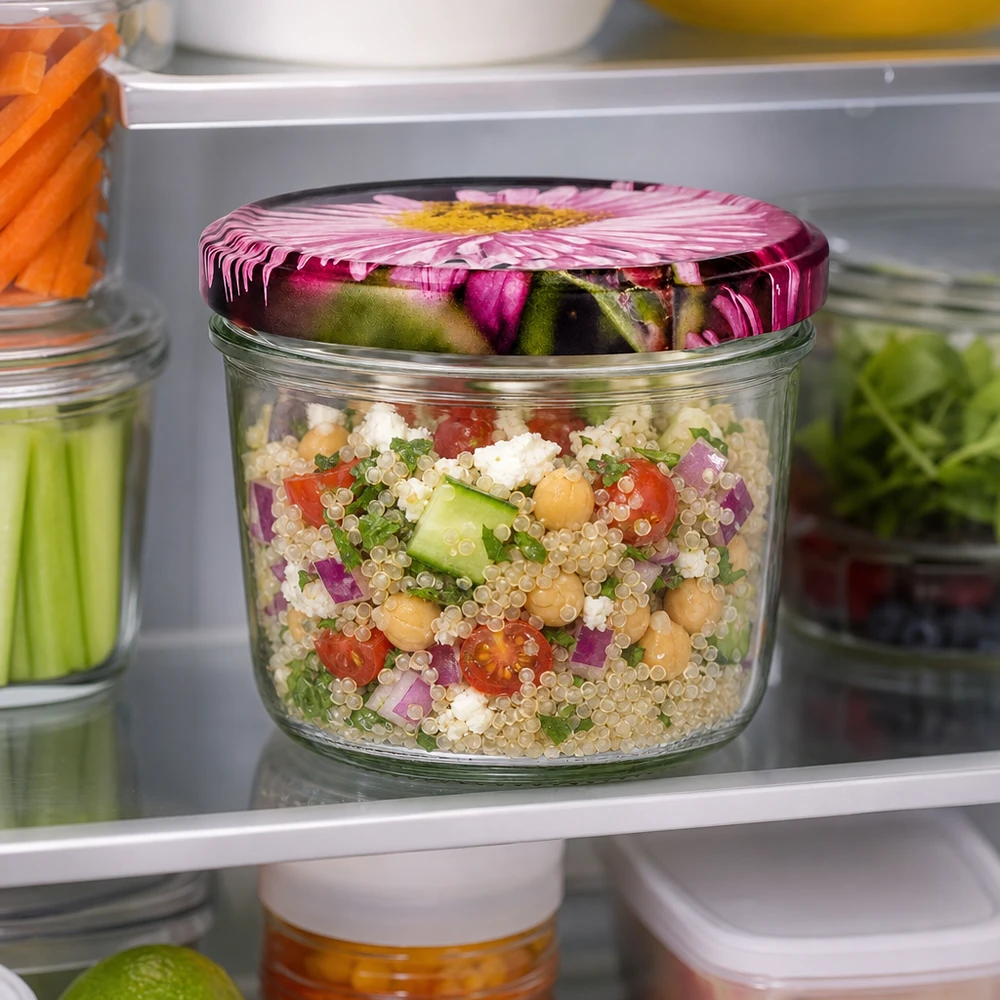 230ml Verre conique avec couvercle BasicSeal decor floral UNiTWIST Pot renversé 230ml avec couvercle à fleur BasicSeal au réfrigérateur, rempli de salade de quinoa et de légumes comme meal prep
