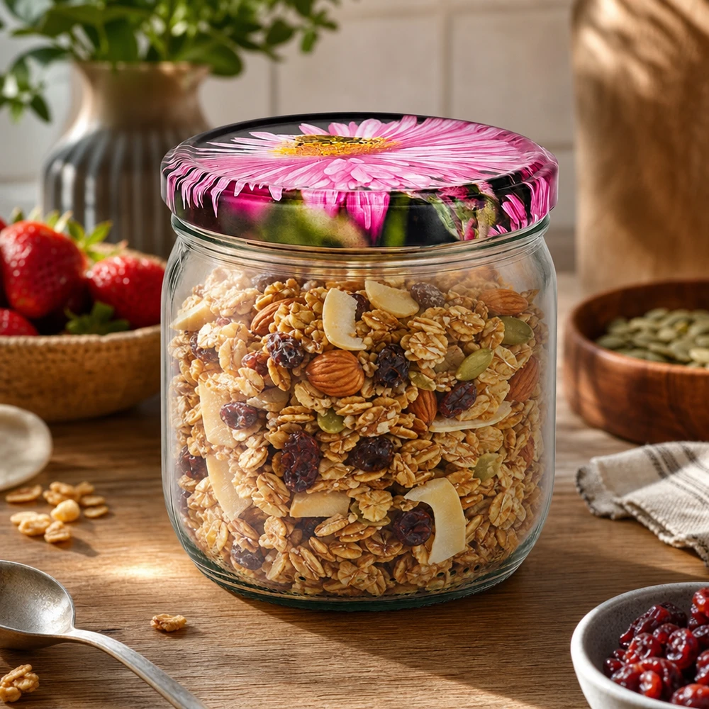 425ml Verre rond avec couvercle BasicSeal decor floral UNiTWIST Pot rond de 425 ml avec couvercle à fleur BasicSeal rempli de céréales et de noix dans une scène de cuisine chaude avec des fraises