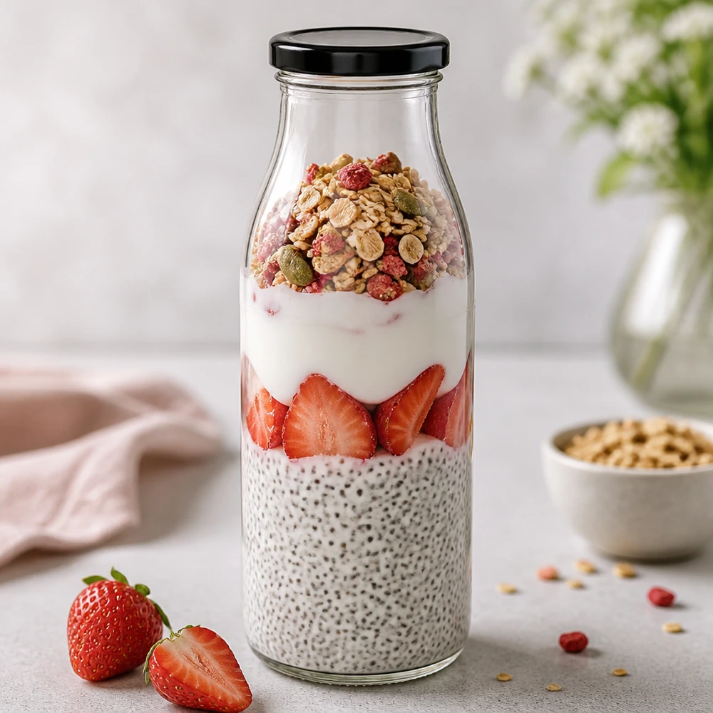 500ml Bouteille avec couvercle BasicSeal noir UNiTWIST Bouteille en verre de 500 ml avec couvercle noir pour le pudding de chia aux fraises et le petit-déjeuner Overnight Oats de muesli
