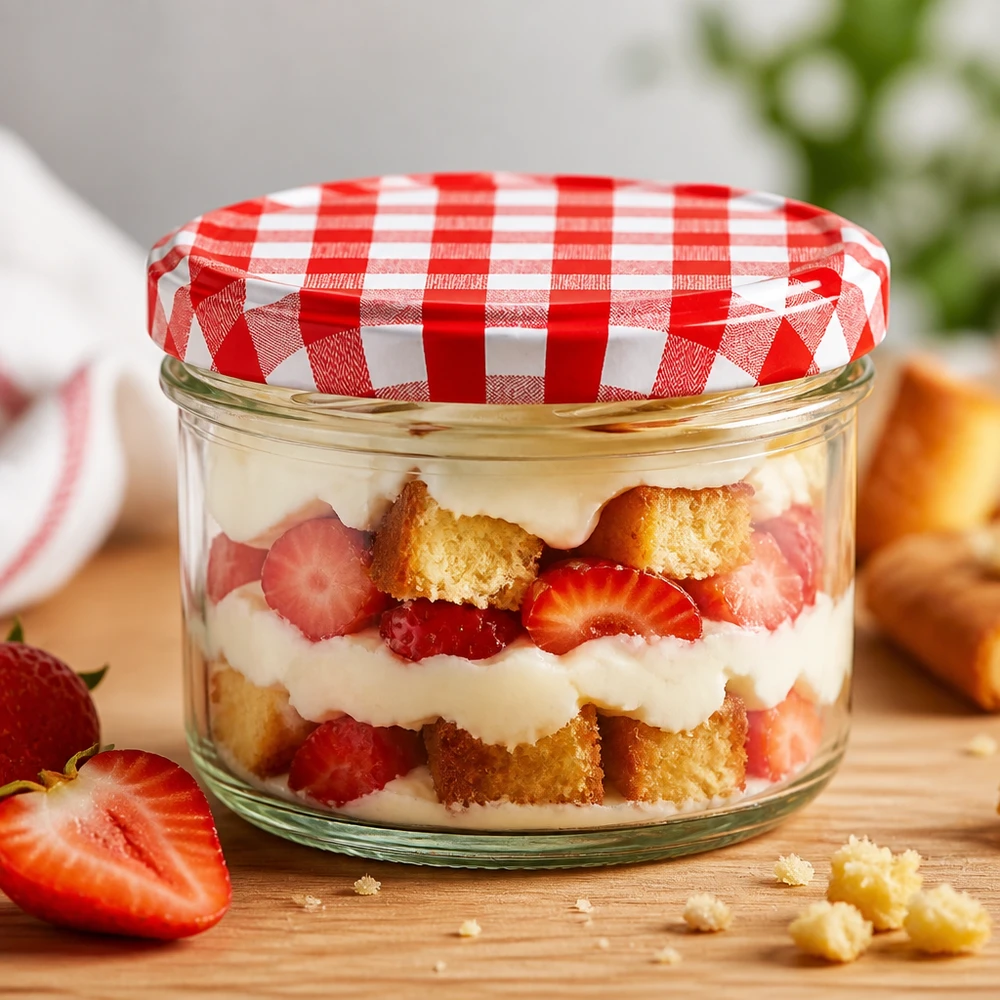 230ml Verre cylindrique avec couvercle BasicSeal rouge/blanc UNiTWIST Verre cylindrique de 230 ml avec couvercle BasicSeal rouge et blanc comme verre à dessert pour un dessert stratifié à la fraise et à la crème sur une table en bois