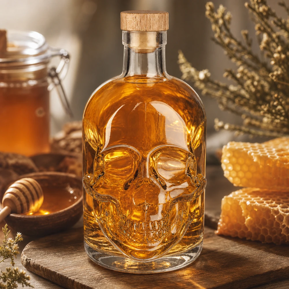 Bouteille en verre Jack 500ml avec bouchon en bois sur planche en bois, entourée de rayons de miel et d'un pot de miel, éclairage chaleureux