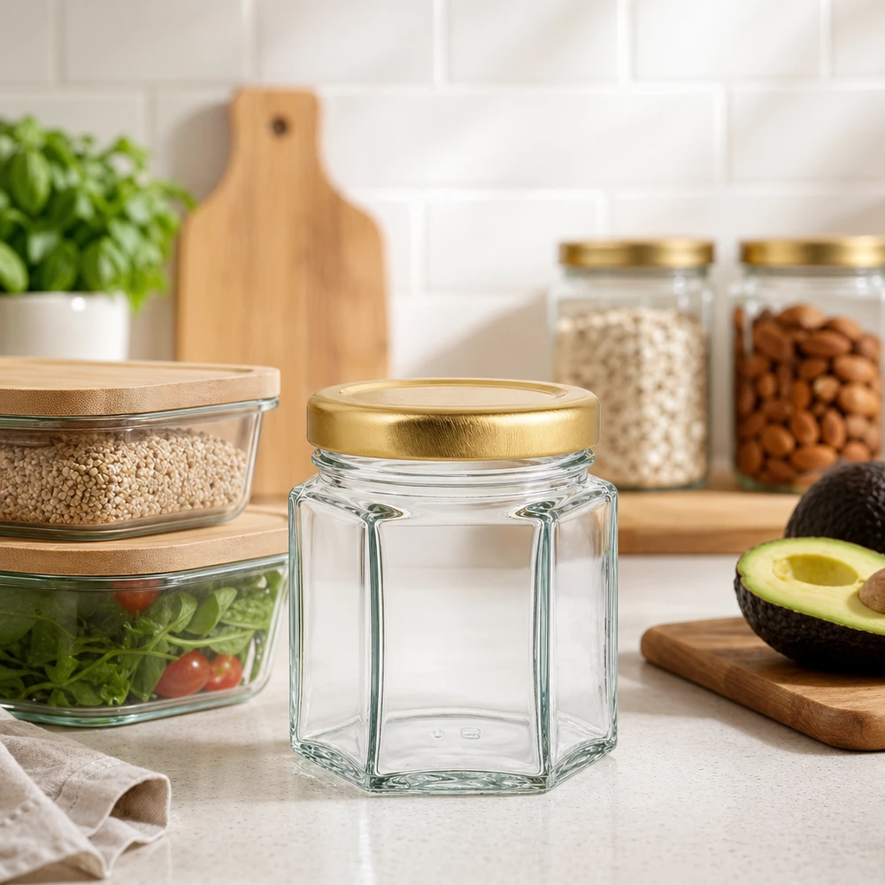 Pot à miel 60 g avec couvercle doré BasicSeal UNiTWIST Pot de miel hexagonal vide de 60g dans une cuisine moderne avec des pots de stockage Avocado et une planche en bois comme décoration